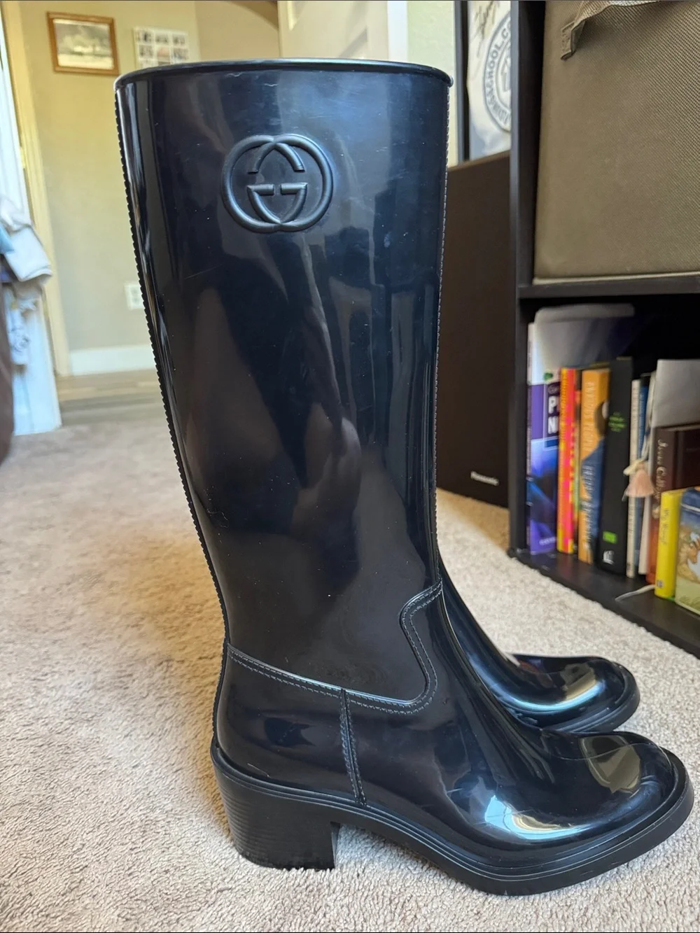 Gucci Glossy Black Tall Logo Rain Boots